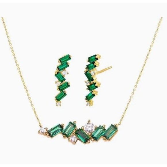Adina Eden Emerald Green CZ Baguette Earrings & Necklace Combo Set. Goldtone. - Picture 1 of 4